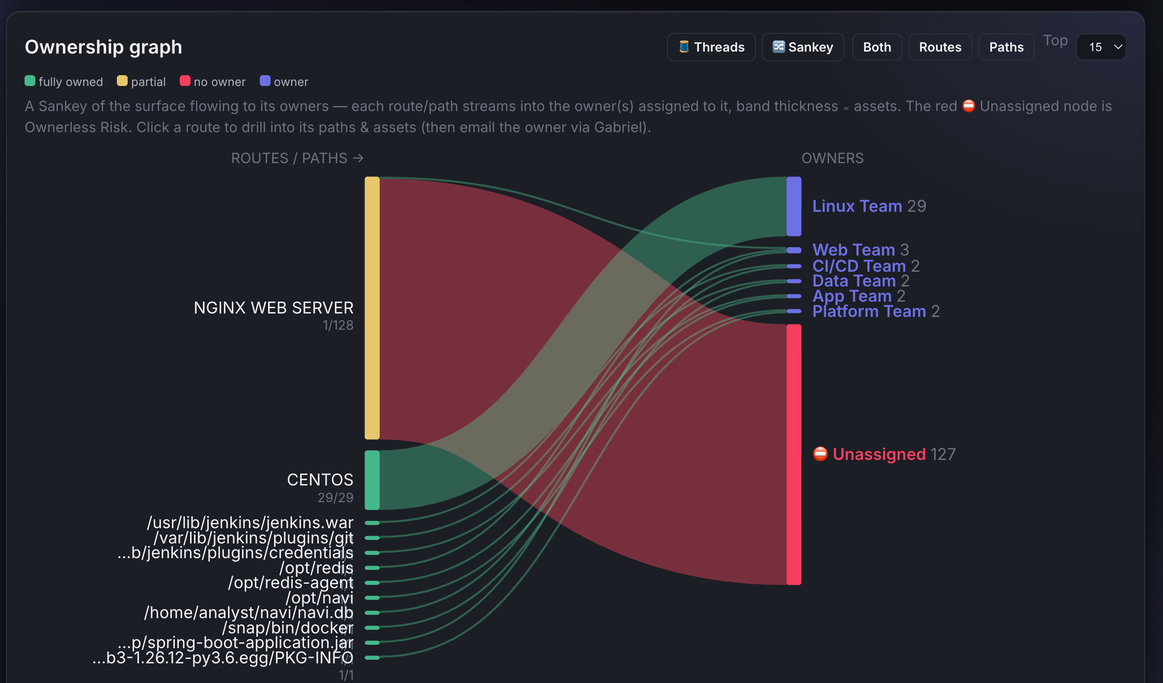 Ownership Sankey diagram — surface flowing to owners, unassigned risk highlighted